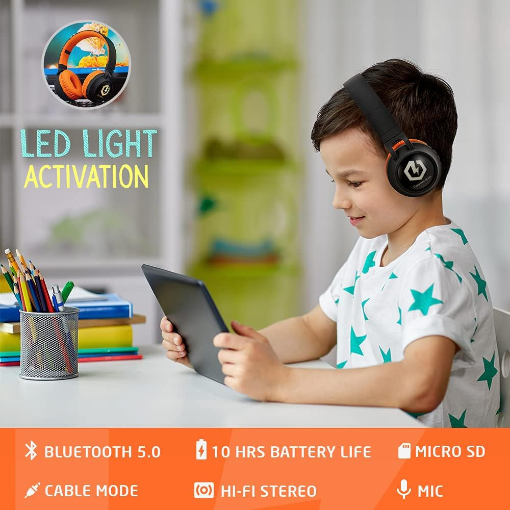 Kids Headphones Wireless, Bluetooth Headphones for Kids over Ear, LED Lights, 85Db Safe Volume Limit, Foldable, Micro SD Mode, Built-In and Line-In Microphone for Phones,Tablets,Laptop
