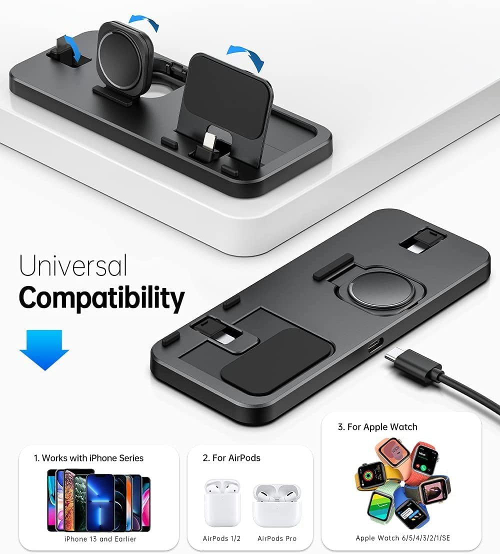 Portable 3 in 1 Charging Station for Apple Devices Foldable for Apple Watch 7/6/SE/5/4/3/2/1 for Iphone Airpods Pro3/2/1 Charging Stand Black