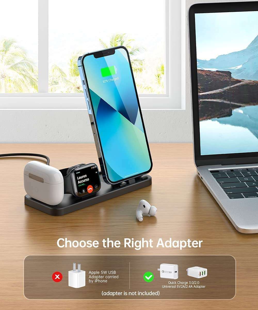 Portable 3 in 1 Charging Station for Apple Devices Foldable for Apple Watch 7/6/SE/5/4/3/2/1 for Iphone Airpods Pro3/2/1 Charging Stand Black